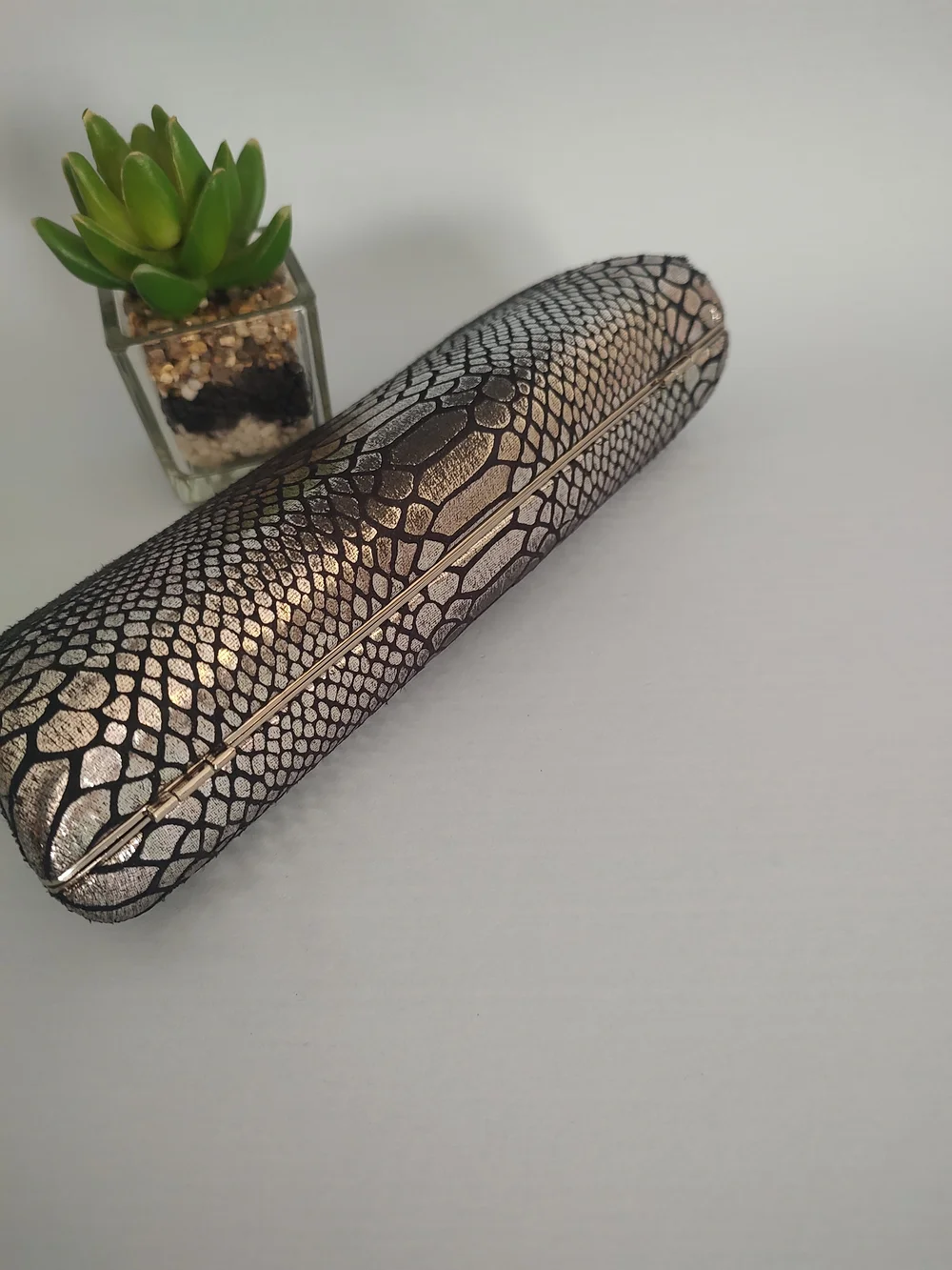 Metallic Snake-Print Evening Clutch with Chain Strap